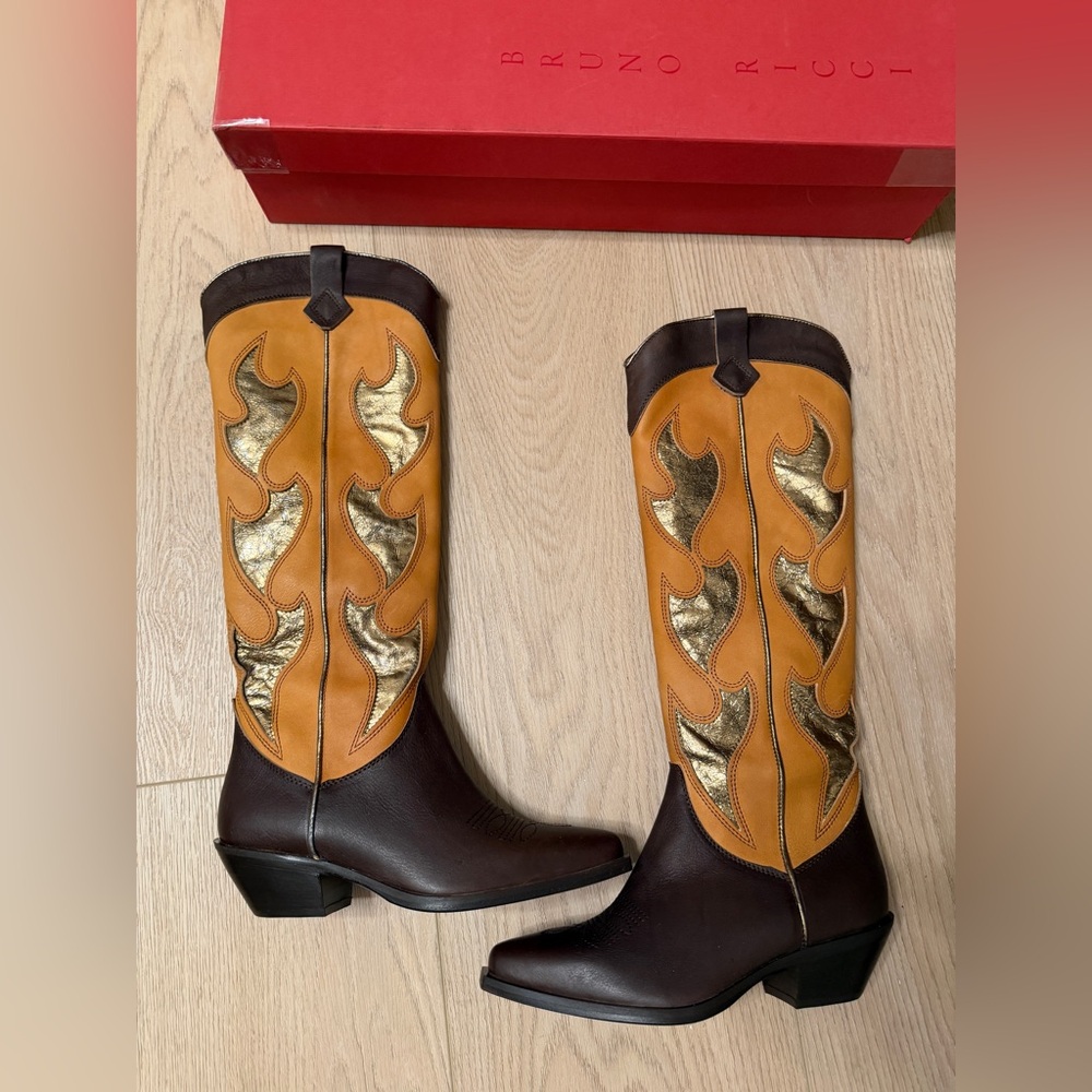 Nib Bruno Ricci western cowboy gold brown boots size 37 6.5